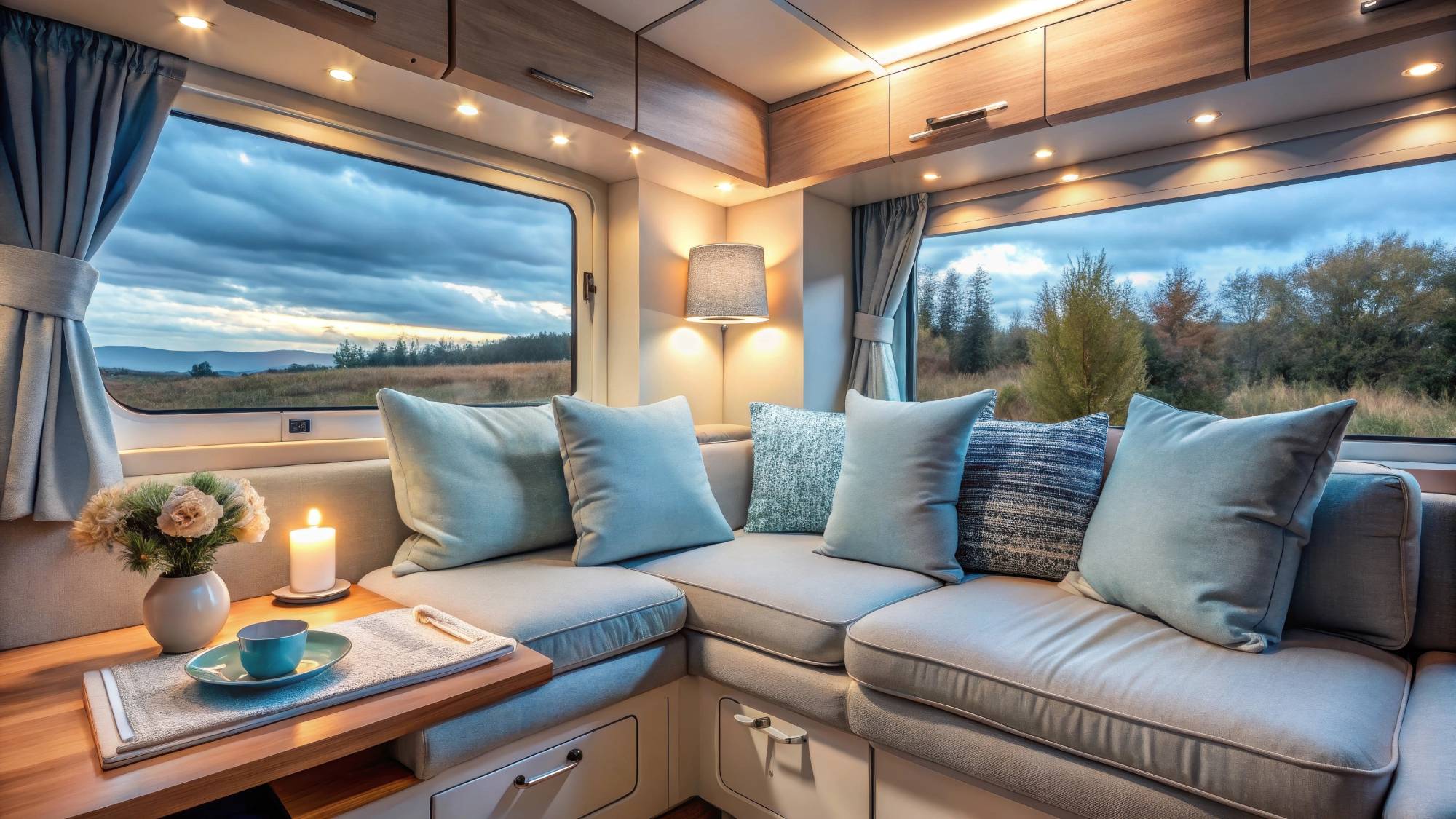 Bild på en hörnsoffa i en husvagn som efter en omklädsel i Billesholm nu ser fräsch och inbjudande ut.